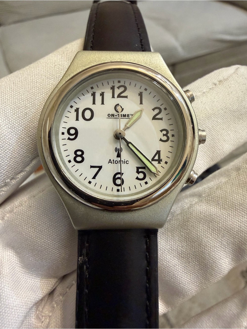 On-Time Talking Atomic Watch Black Leather Strap White Dial 32mm Women’s Watch